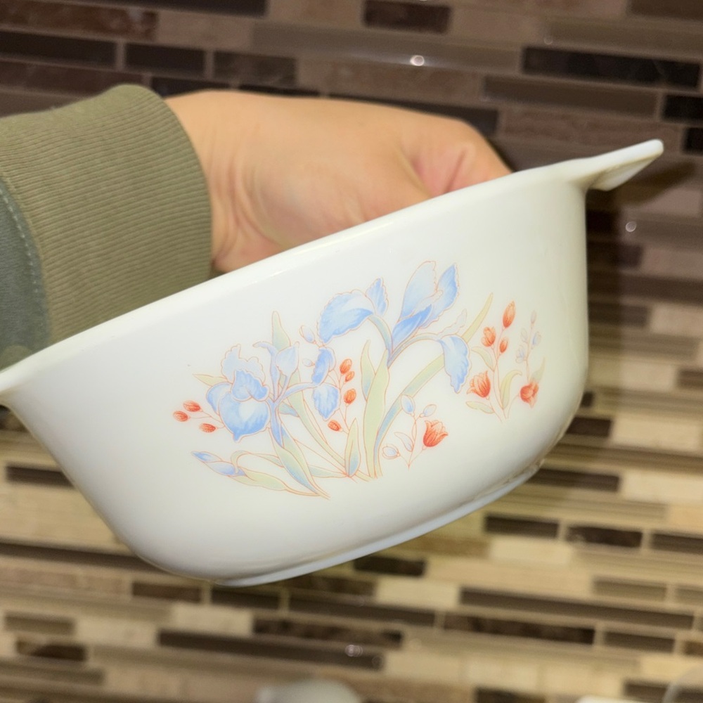 Pyrex England Blue Iris Milk Glass Casserole Dish 6.5” - Picture 4 of 11